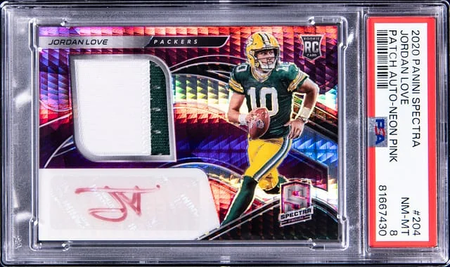 2020 Panini Spectra Jordan Love Patch Autograph Neon Pink #204 card image