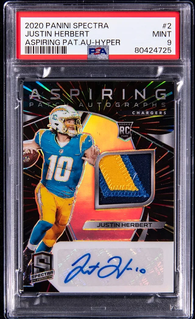 2020 Panini Spectra Justin Herbert Aspiring Patch Autograph Hyper #2 card image