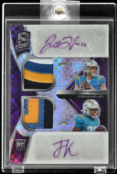 2020 Panini Spectra Justin Herbert/Joshua Kelley Dual Patch Autographs Hyper Neon Purple #RDPA-JUJ card image