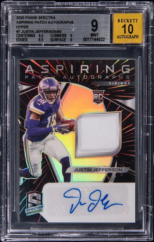 2020 Panini Spectra Justin Jefferson Aspiring Patch Autographs Hyper #7 card image