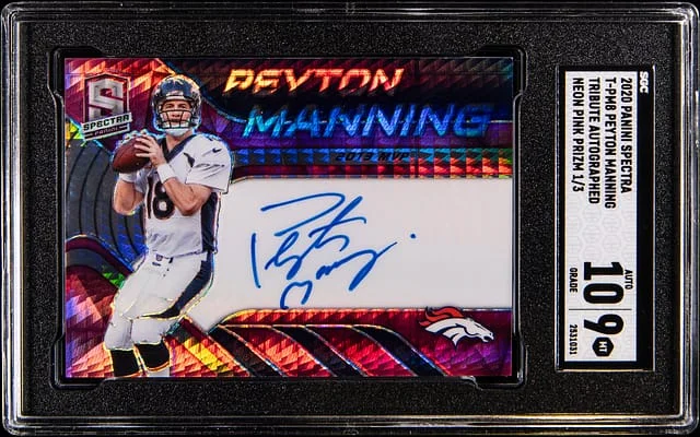 2020 Panini Spectra Peyton Manning Tribute Autographs Neon Pink Prizm #T-PM8 card image