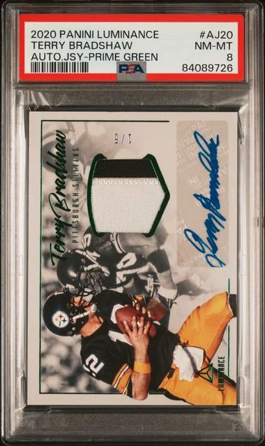 2020 Panini Terry Bradshaw Luminance Autograph Jerseys Prime Green #AJ20 card image