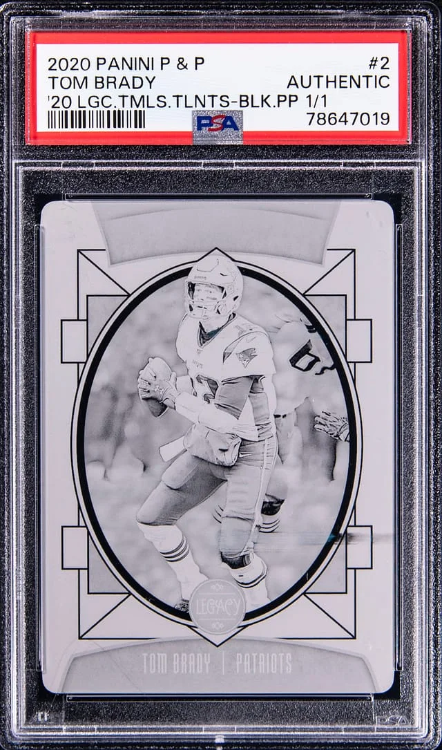 2020 Panini Tom Brady Printing Plate Plates & Patches Legacy Timeless Talents Black Plate 1/1 #2 card image