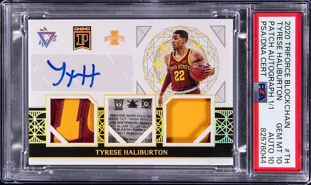 2020 Panini Tyrese Haliburton Triforce Blockchain Patch Autograph #CBK-TH card image