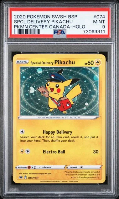 2020 Pokemon Sword and Shield Black Star Promo Pokemon Center Canada Holofoil Special Delivery Pikachu #074 card image