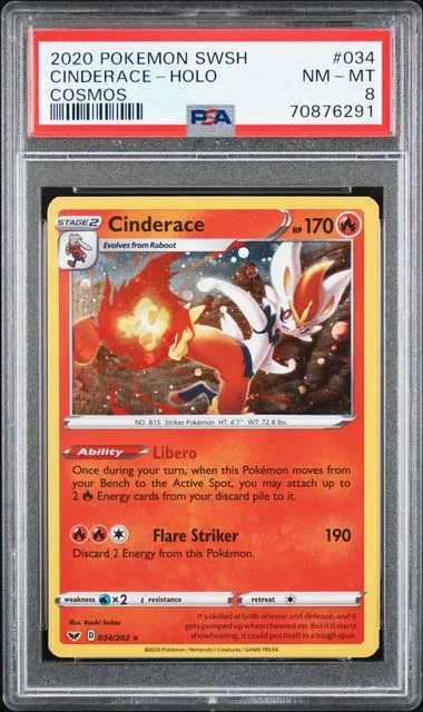 2020 Pokemon Sword and Shield Cosmos Holofoil Cinderace #034 card image