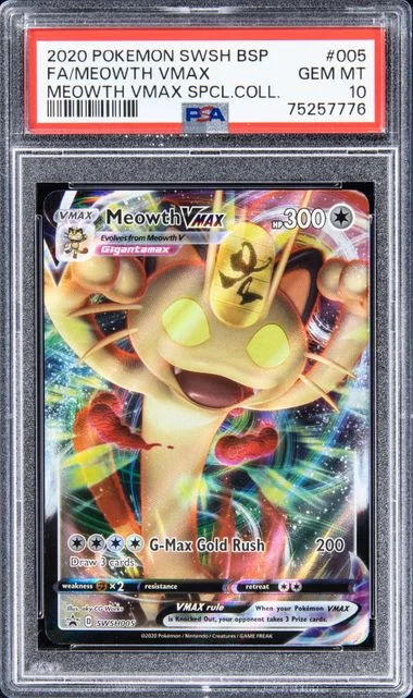 2020 Pokemon Sword & Shield Black Star Promo Meowth VMAX Special Collection Full Art Meowth VMAX #005 card image