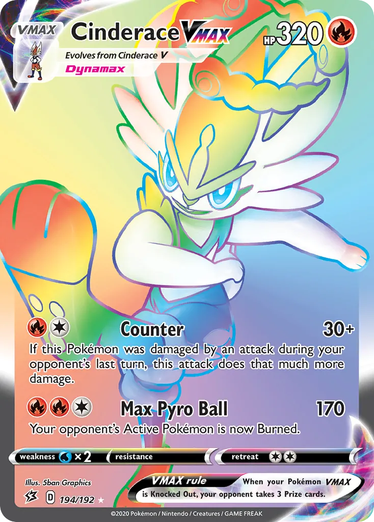 2020 Rebel Clash Cinderace VMAX #194/192 Rare Rainbow card image