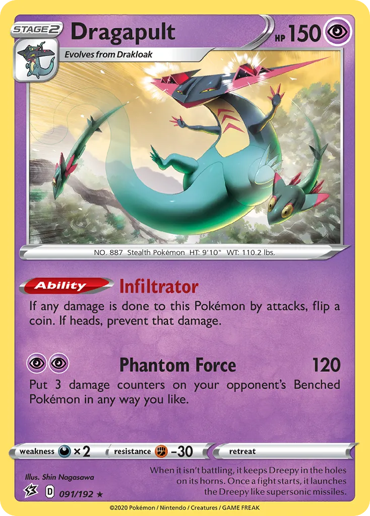 2020 Rebel Clash Dragapult #091/192 Rare Holo card image