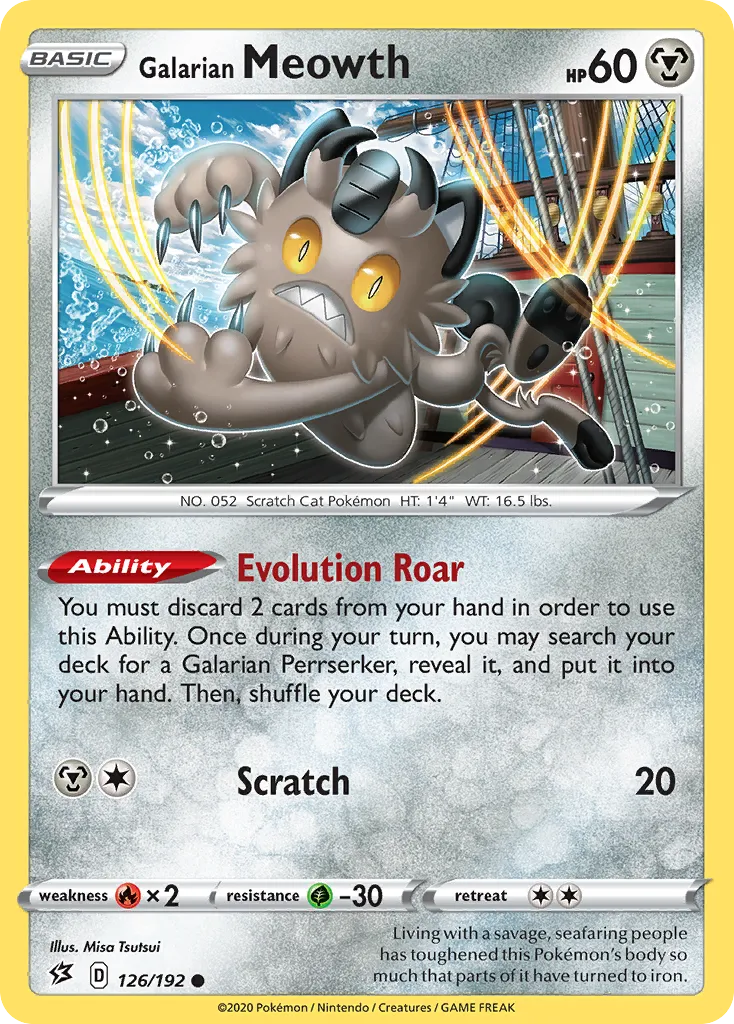 2020 Rebel Clash Galarian Meowth #126/192 Common card image