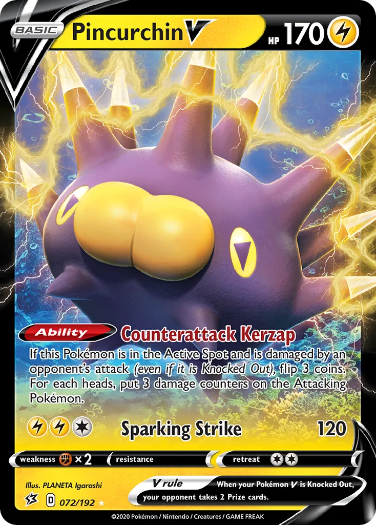 2020 Rebel Clash Pincurchin V Rare Holo V #072/192 Rare Holo V card image