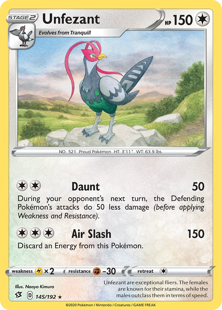 2020 Rebel Clash Unfezant #145/192 Rare card image