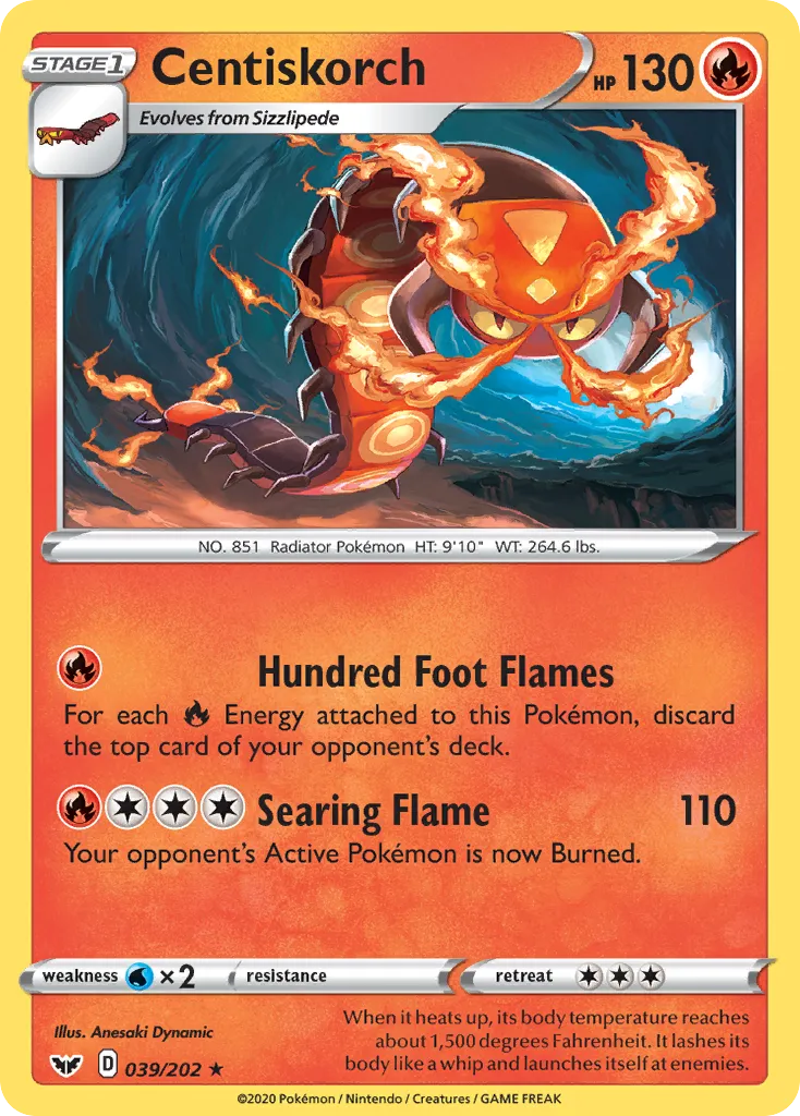 2020 Sword & Shield Centiskorch Rare #039/202 Rare card image