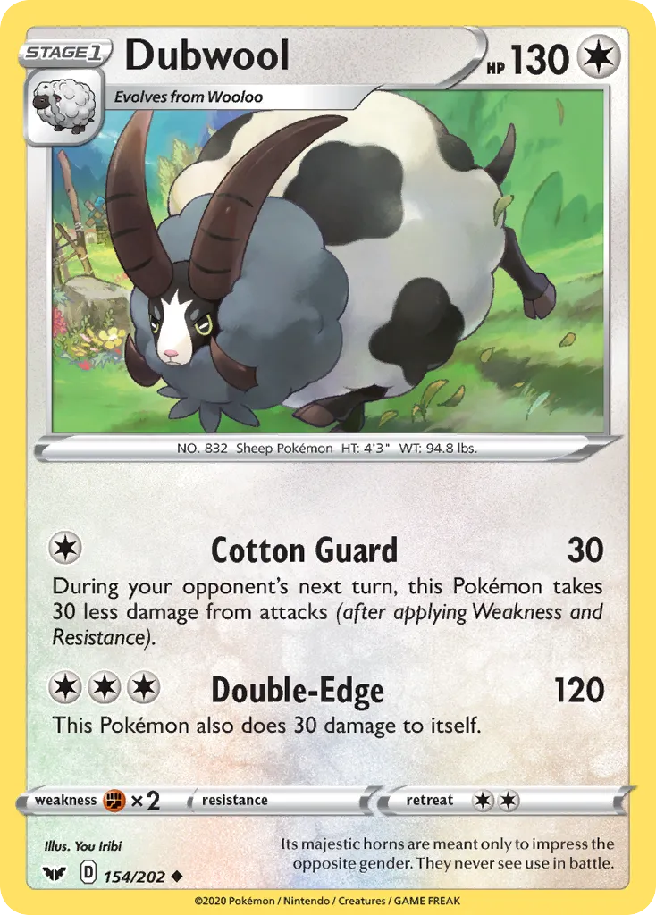 2020 Sword & Shield Dubwool Uncommon #154/202 Uncommon card image