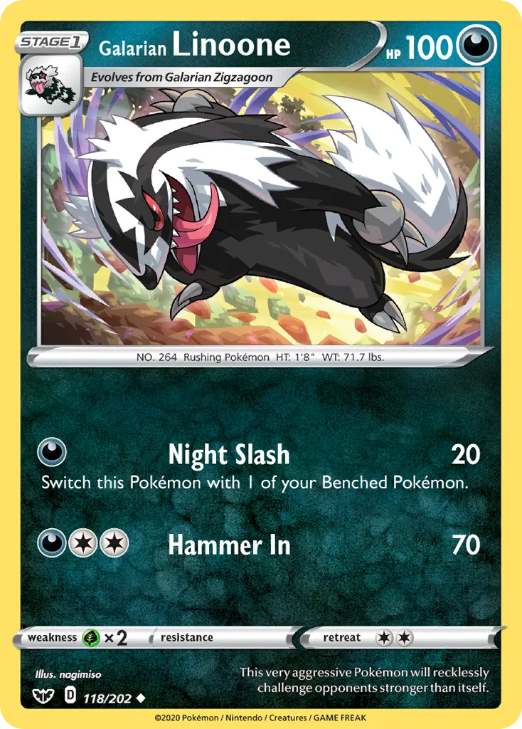 2020 Sword & Shield Galarian Linoone Uncommon #118/202 Uncommon card image