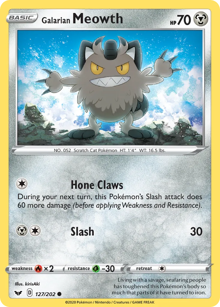 2020 Sword & Shield Galarian Meowth #127/202 Common card image