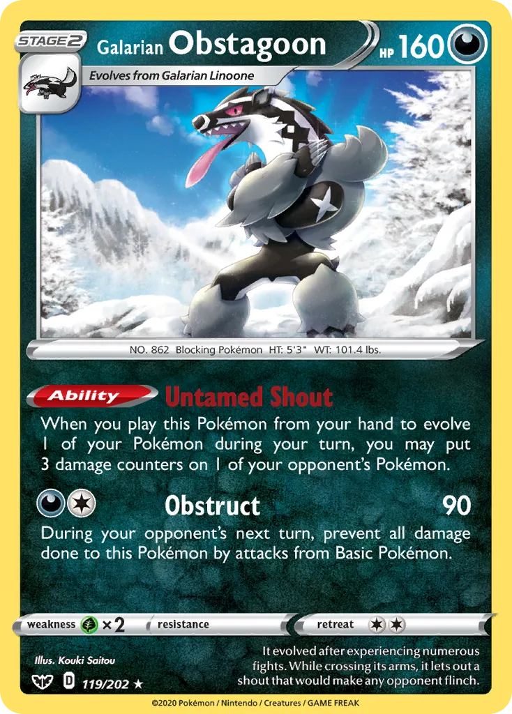 2020 Sword & Shield Galarian Obstagoon Rare Holo #119/202 Rare Holo card image