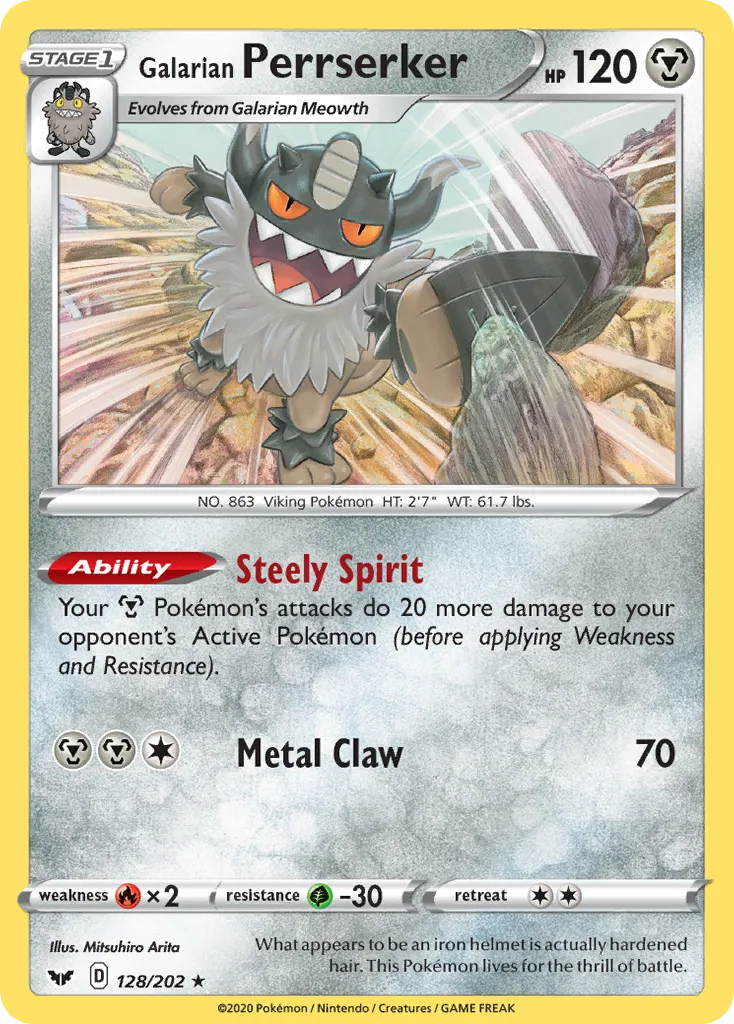 2020 Sword & Shield Galarian Perrserker Rare Holo #128/202 Rare Holo card image