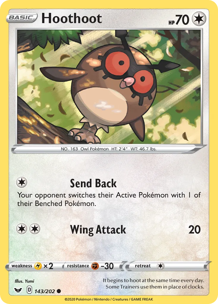 2020 Sword & Shield Hoothoot Common #143/202 Common card image