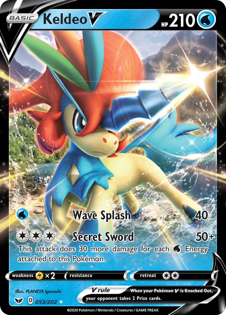 2020 Sword & Shield Keldeo V #053/202 Rare Holo V card image