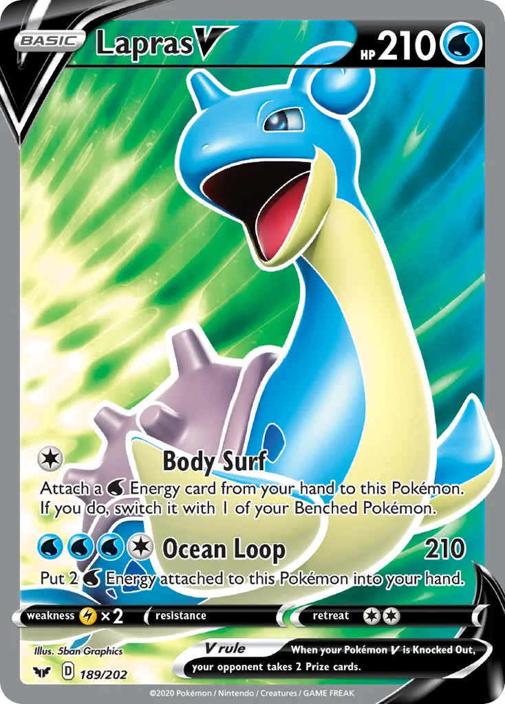 2020 Sword & Shield Lapras V #189/202 Rare Ultra card image