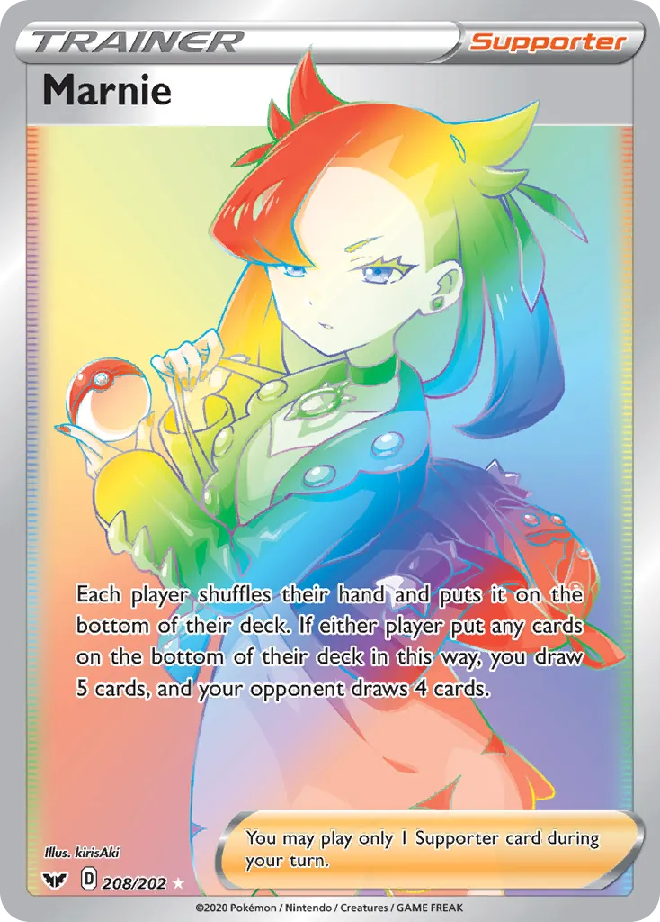 2020 Sword & Shield Marnie #208/202 Rare Rainbow card image