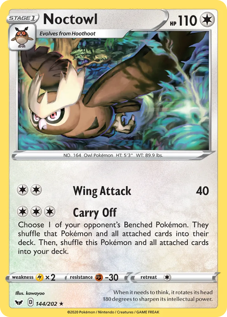 2020 Sword & Shield Noctowl Rare #144/202 Rare card image