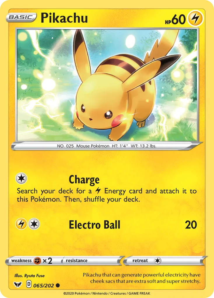 2020 Sword & Shield Pikachu Common #065/202 Common card image