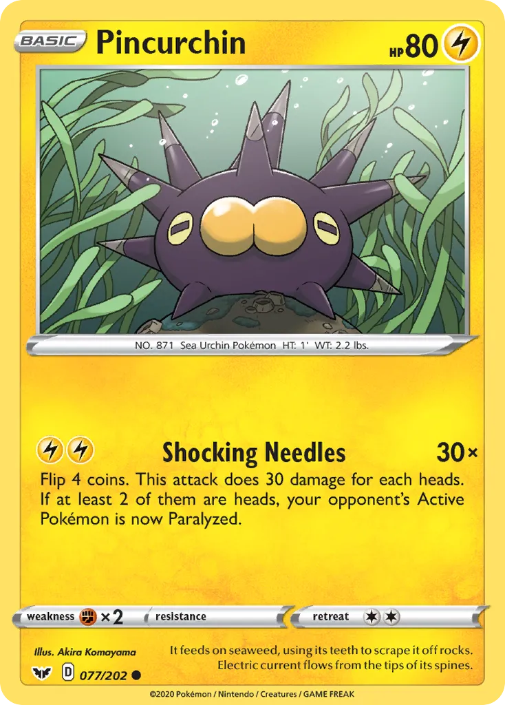 2020 Sword & Shield Pincurchin Common #077/202 Common card image