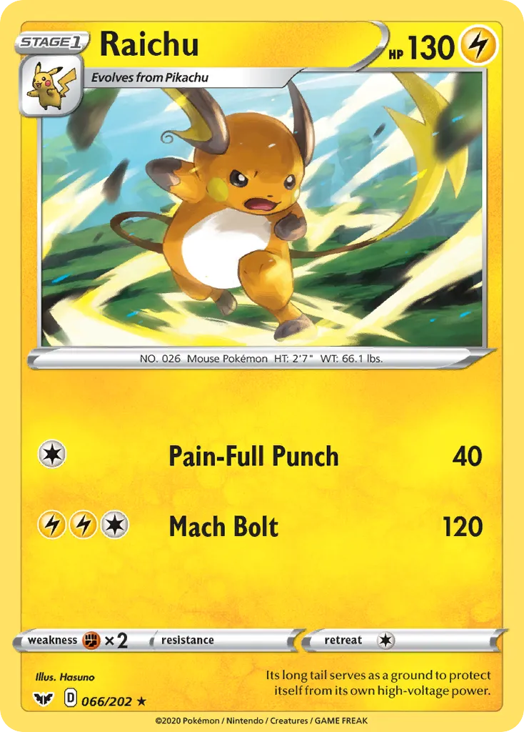 2020 Sword & Shield Raichu Rare #066/202 Rare card image