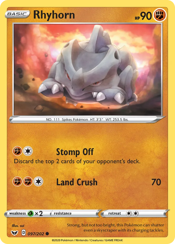 2020 Sword & Shield Rhyhorn #097/202 Common card image