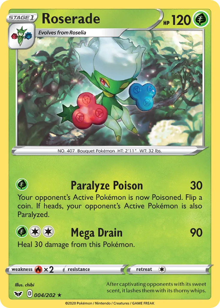 2020 Sword & Shield Roserade Rare #004/202 Rare card image