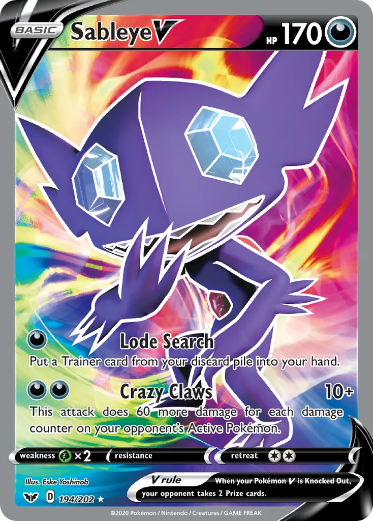 2020 Sword & Shield Sableye V #194/202 Rare Ultra card image