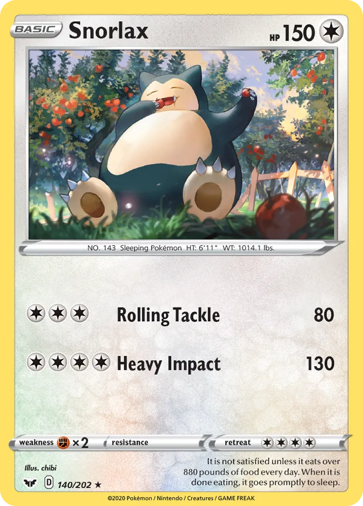 2020 Sword & Shield Snorlax Rare #140/202 Rare card image