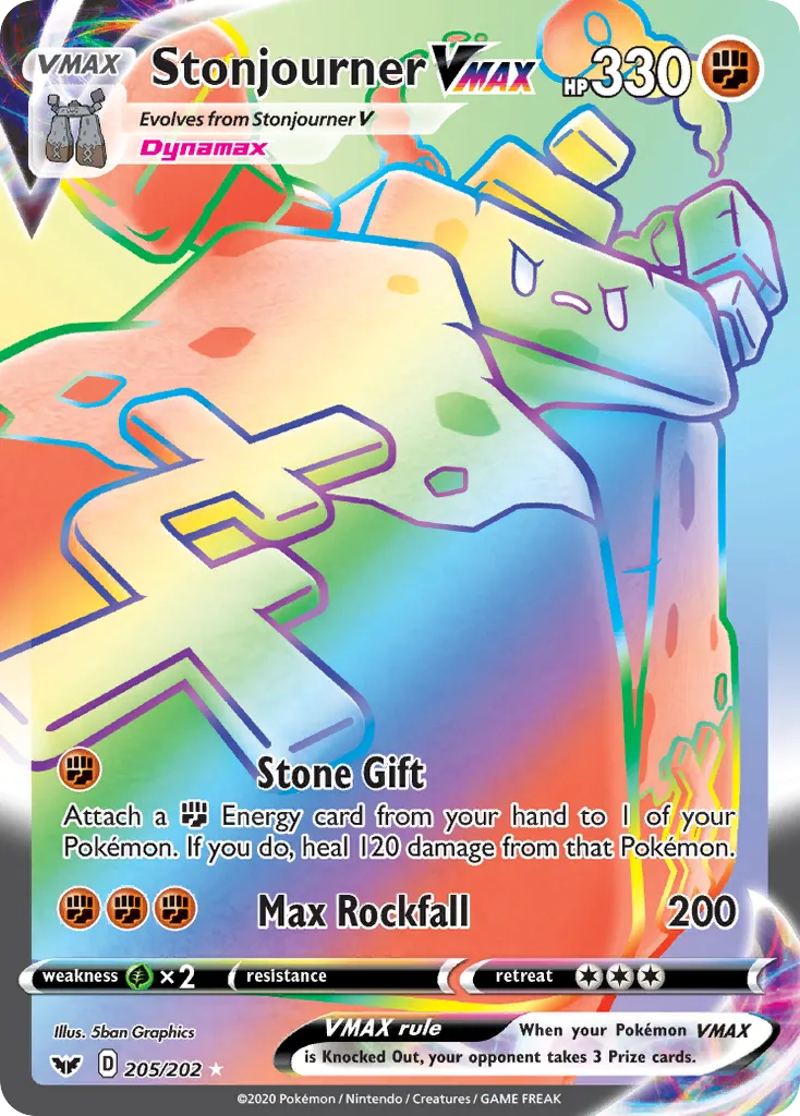 2020 Sword & Shield Stonjourner VMAX #205/202 Rare Rainbow card image