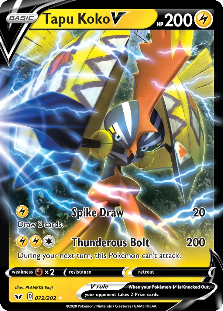 2020 Sword & Shield Tapu Koko V #072/202 Rare Holo V card image