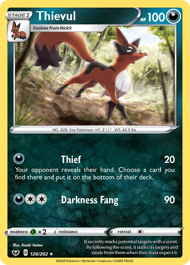 2020 Sword & Shield Thievul Rare #126/202 Rare card image