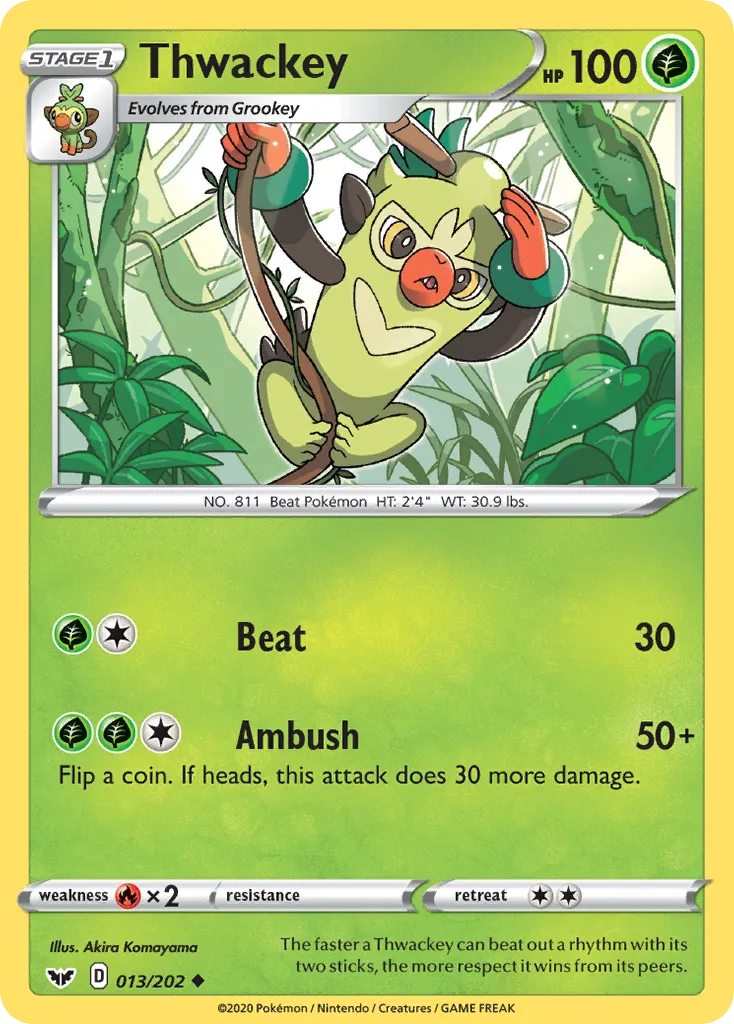 2020 Sword & Shield Thwackey #013/202 Uncommon card image