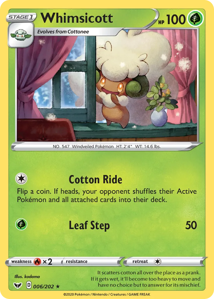 2020 Sword & Shield Whimsicott Rare #006/202 Rare card image