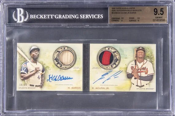 2020 Topps Allen & Ginter Ronald Acuna Jr./Hank Aaron Dual Autograph Relic Booklets #DARB-CAA card image