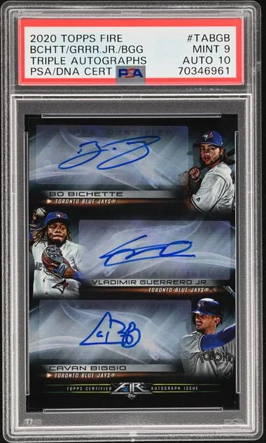 2020 Topps Bo Bichette /Cavan Biggio/Vladimir Guerrero Jr. Fire Triple Autographs #TABGB card image