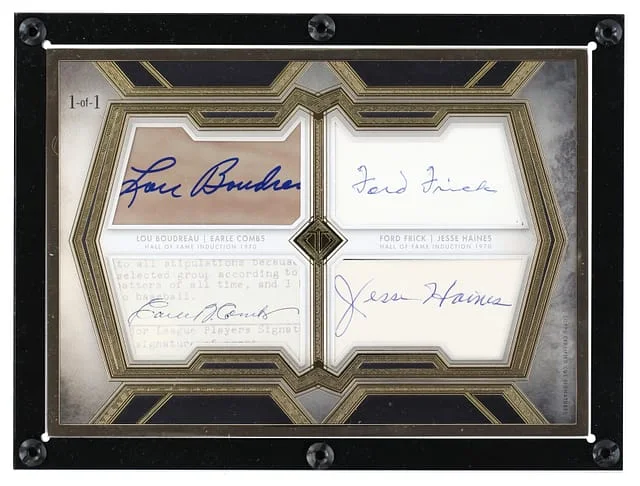 2020 Topps Boudreau/Combs/Frick/Haines Multi-Signed Transcendent Collection Hall of Fame Edition Induction Class Cut Signature Box Topper #HOF-BCFH card image