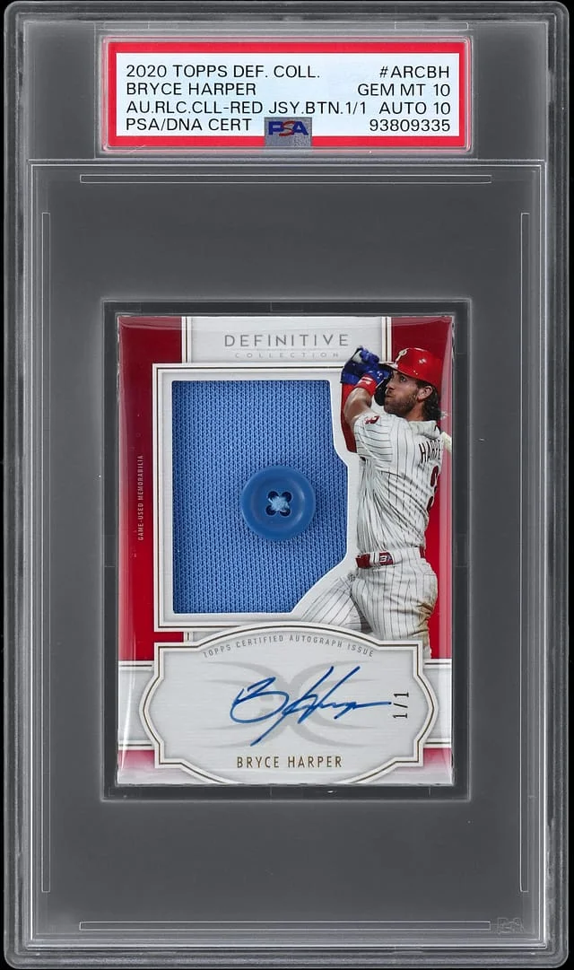 2020 Topps Bryce Harper Definitive Collection Autograph Relic Collection Red Jersey Button #ARC-BH card image