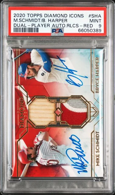 2020 Topps Bryce Harper/Mike Schmidt Diamond Icons Dual-Player Autographed Relics #SHA card image