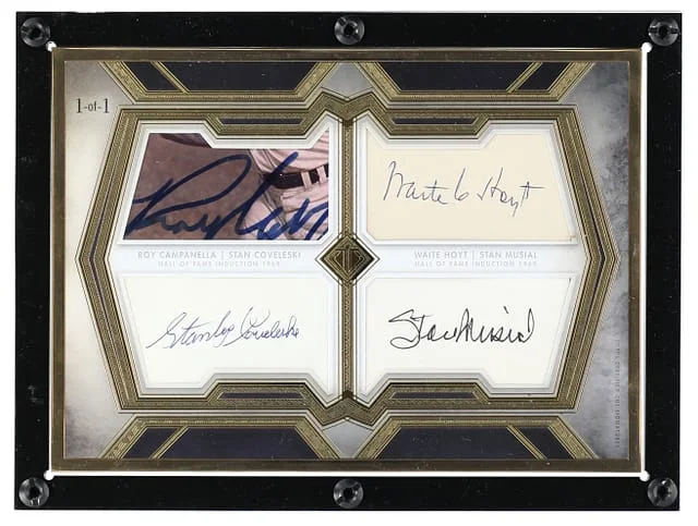 2020 Topps Campanella/Musial/Coveleski/Hoyt Multi-Signed Transcendent Collection Hall of Fame Edition Hall of Fame Induction Class Cut Signature Box Topper #HOF-CCHM card image