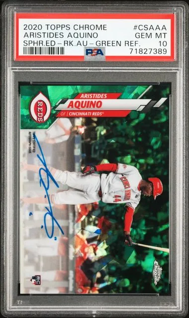 2020 Topps Chrome Aristides Aquino Autograph Green Refractor #CSAAA card image