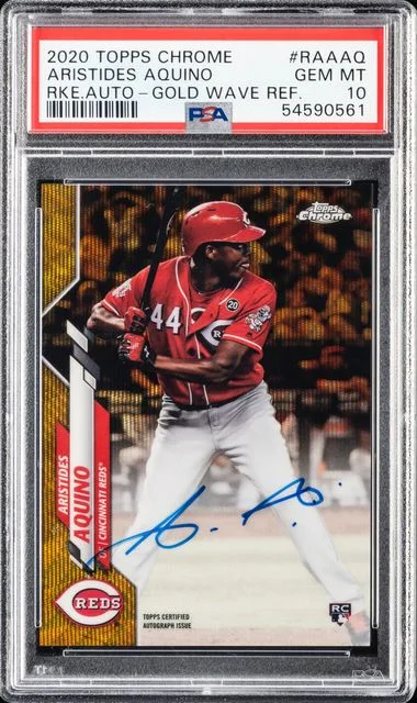 2020 Topps Chrome Aristides Aquino Autographs Gold Wave Refractor #RAA-AQ card image