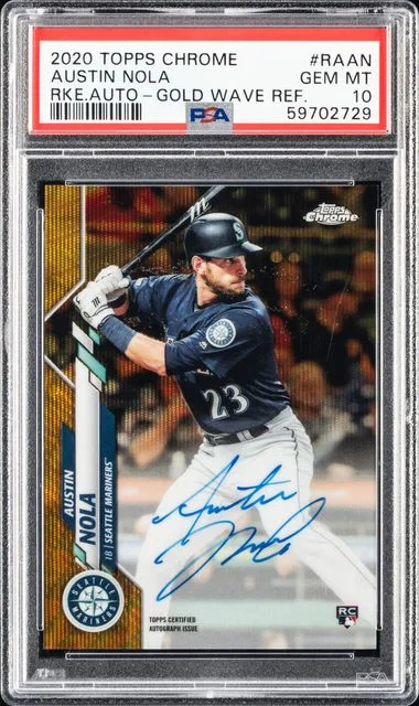2020 Topps Chrome Austin Nola Autographs Gold Wave Refractor #RAAN card image