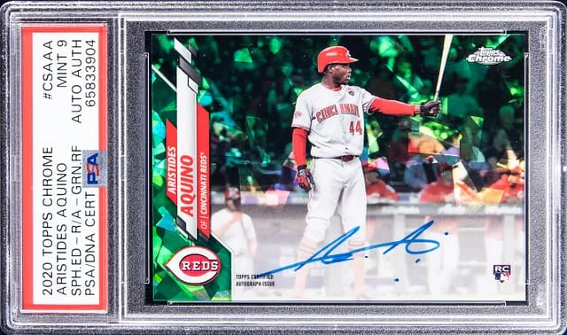 2020 Topps Chrome Sapphire Edition Aristides Aquino Autograph Green Refractor #CSA-AA card image