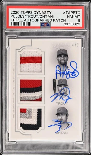 2020 Topps Dynasty Albert Pujols/Mike Trout/Shohei Ohtani Multi-Signed Game-Used Triple Autographed Patch #TAP-PTO card image